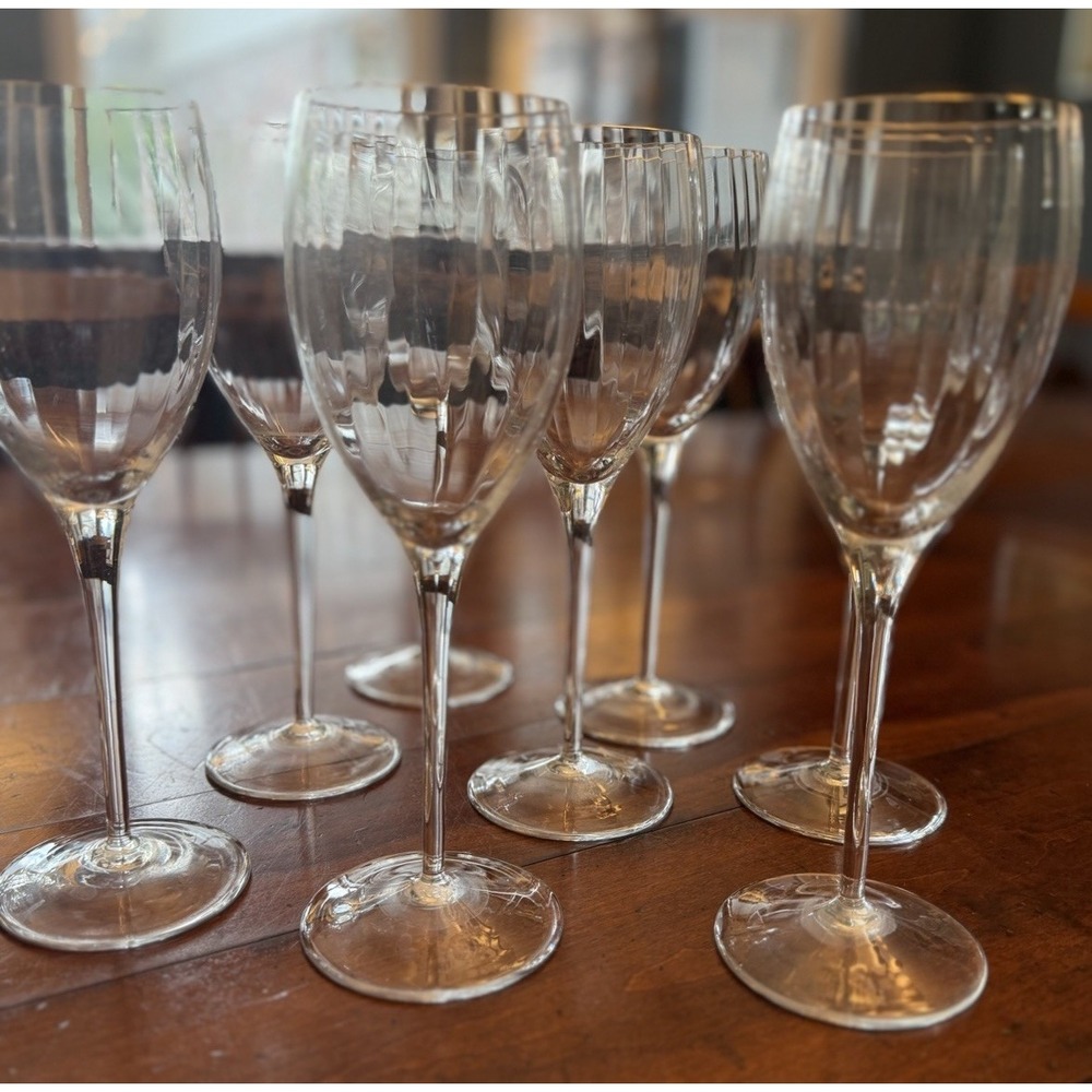Set of 8 Gorham Laurin Gold Tall Crystal Wine Glasses Goblets 9" Smooth Stem